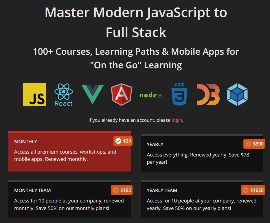 Frontend Masters pricing page