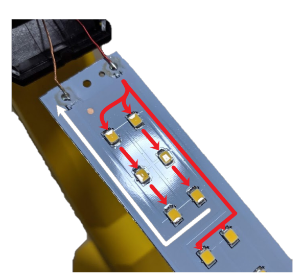 PCB of LEDs and flow of current