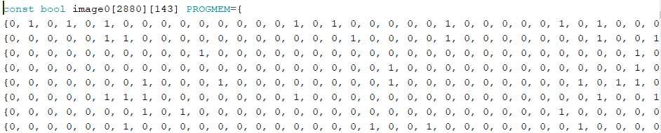 Each row represents a 30 second chunk of time in a day. Each row represents a map location. 0 means that there is no train at the station at this point in time, 1 means there is.