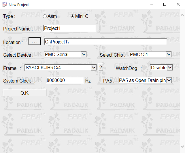 New Project dialog
