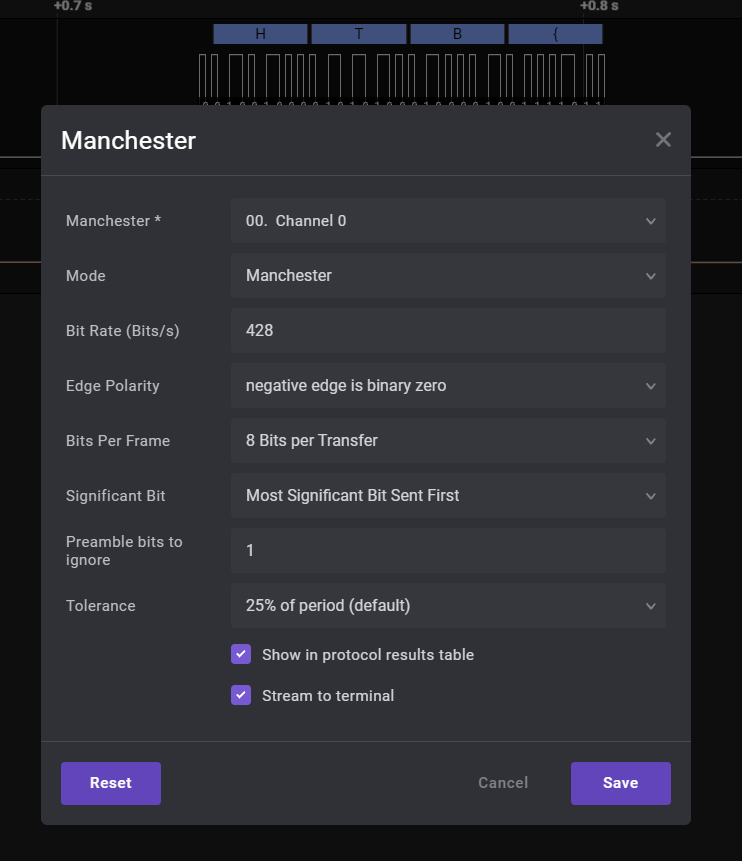 Settings for Manchester Encoding, with the decoded digital signal in the background