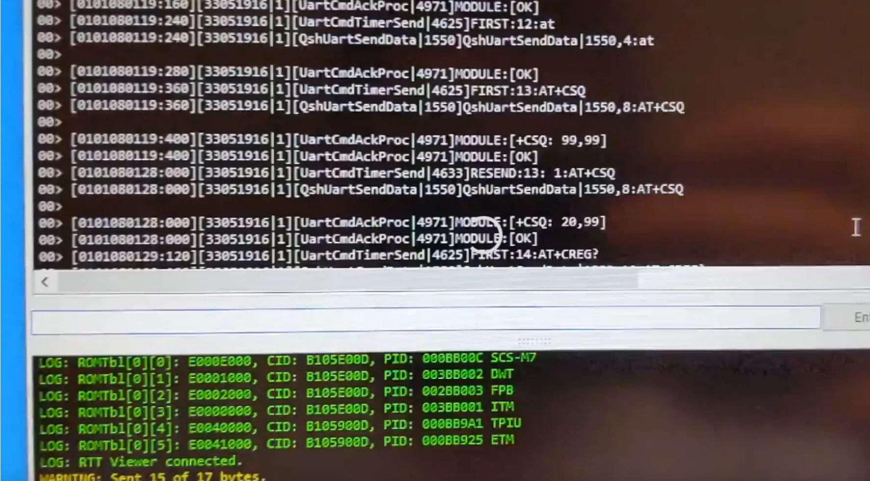 UART communications being sent to the SIMCOM module from the nRF52832 IC